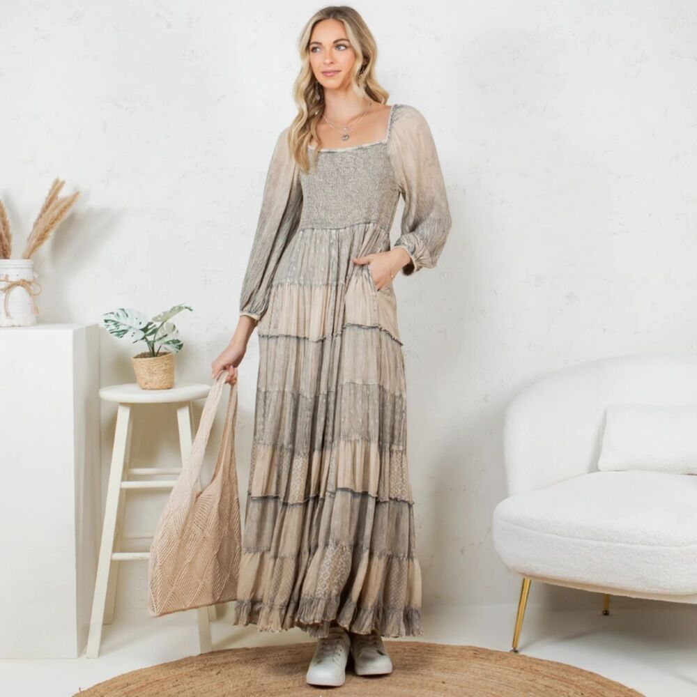 Young Threads Rustic Bohemian Smocked Patchwork Maxi Dress Latte Size M